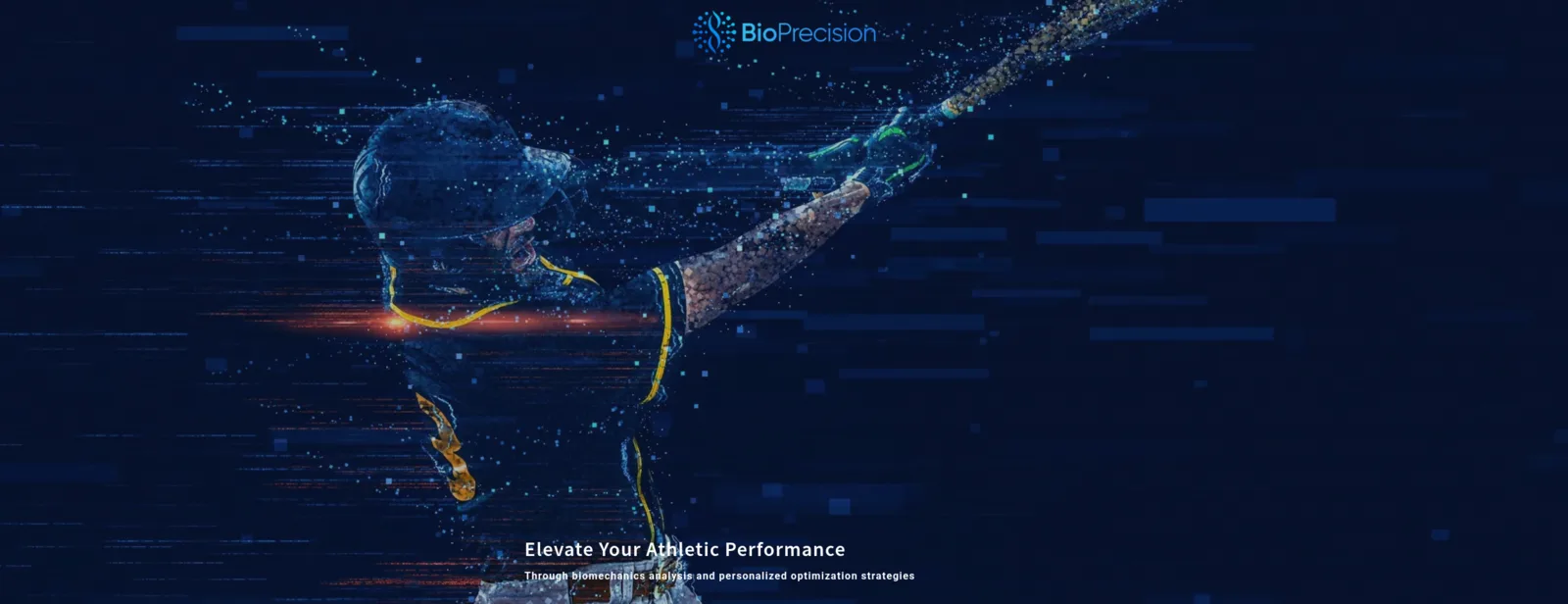 BioPrecision’s first website hero: a stylized batter dissolving into particles on a dark blue background, with the line ‘Elevate your athletic performance.’