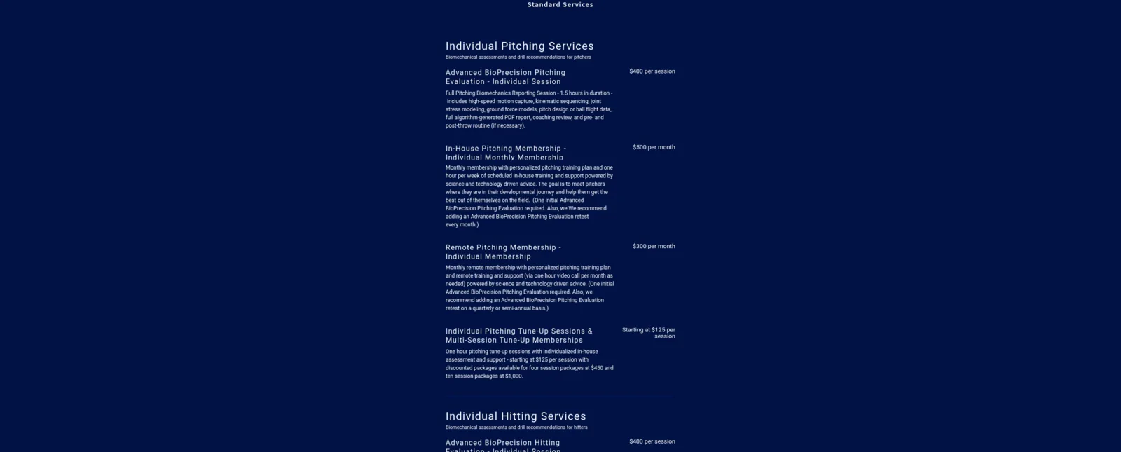 A dense services section from BioPrecision’s first site, with long paragraph descriptions and monthly prices for pitching memberships.