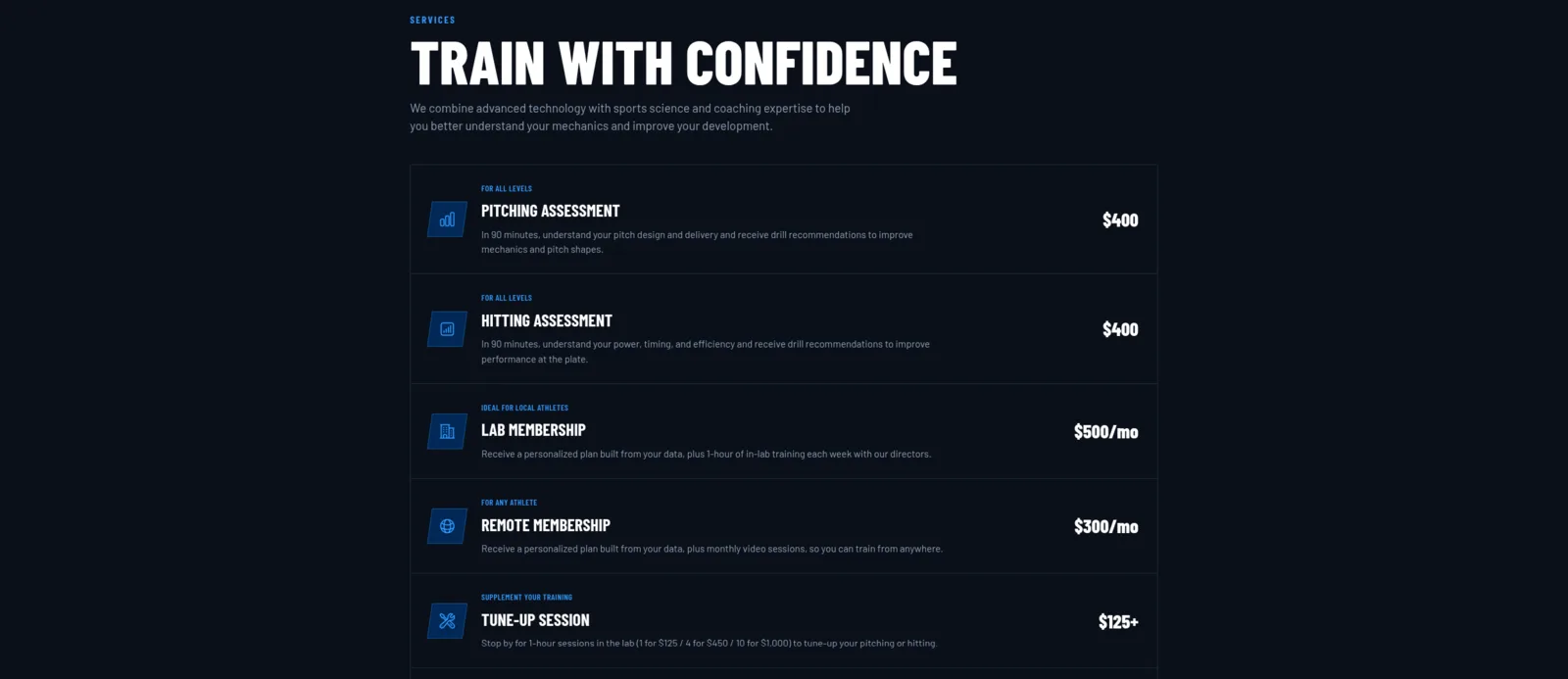 BioPrecision’s V2 services page, listing the pitching and hitting assessments, memberships, tune-ups, and team options.